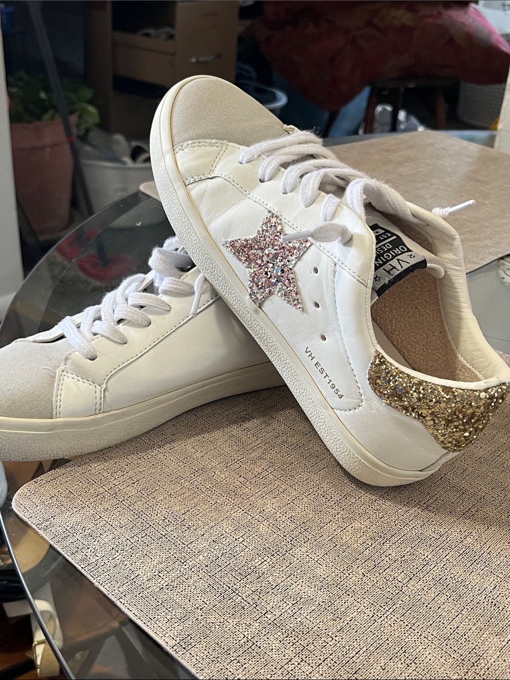 Vintage Havana White Sneakers with Pink Glitter Star and Gold Heel